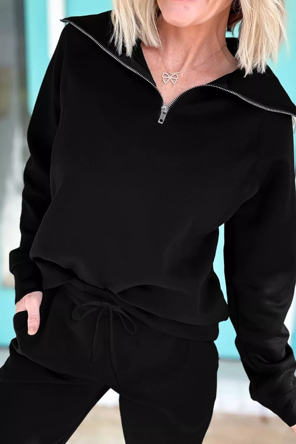 Relaxed Fit Zip Collar Top and Pants Set - Image 2