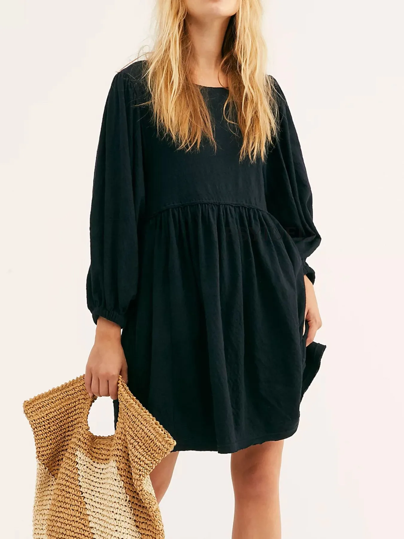 Relaxed Textured Babydoll Mini Dress with Back Keyhole Detail - Image 11