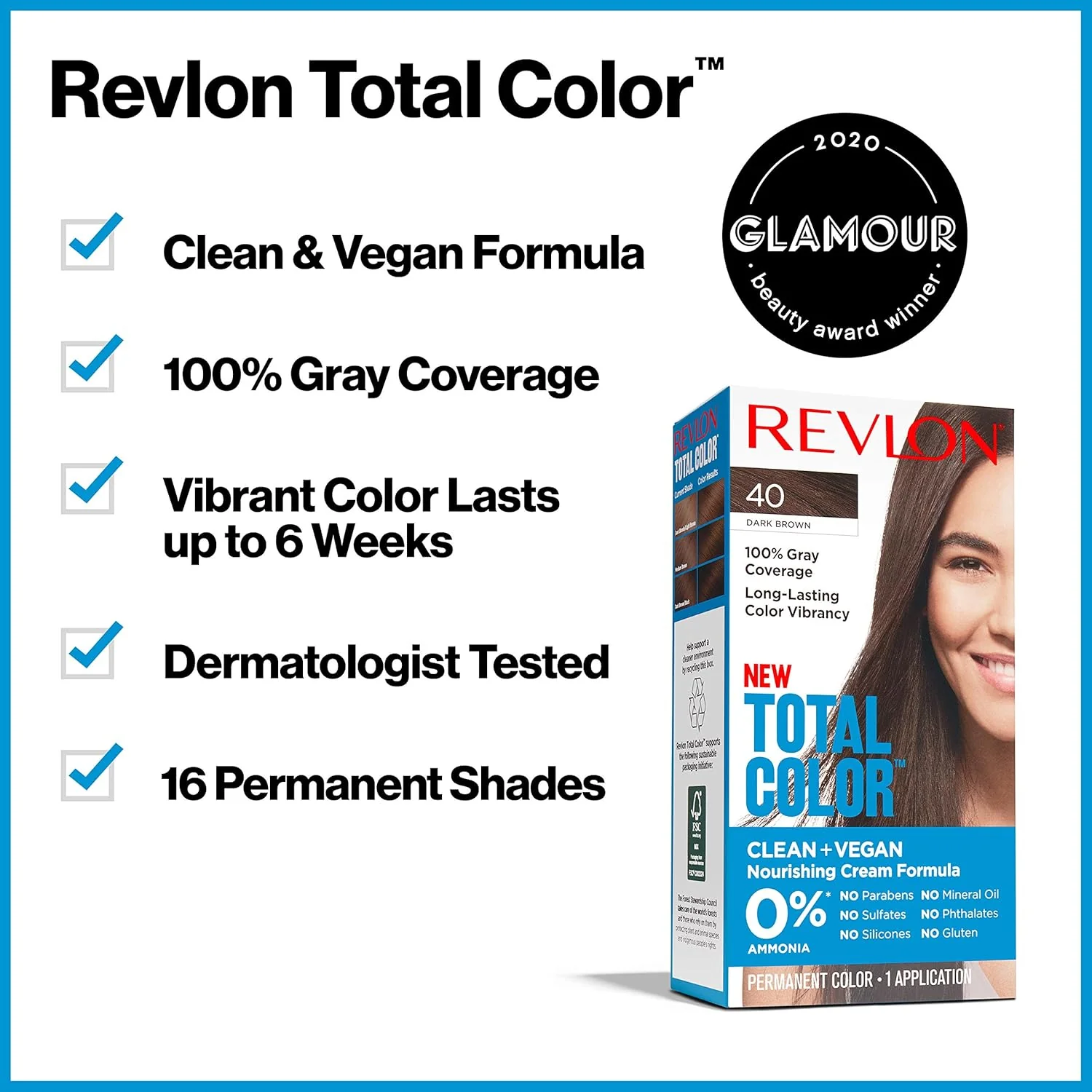 Revlon Permanent Hair Color, Permanent Hair Dye, Total Color with 100% Gray Coverage, Clean & Vegan, 40 Dark Brown, 3.5 Oz - Image 3