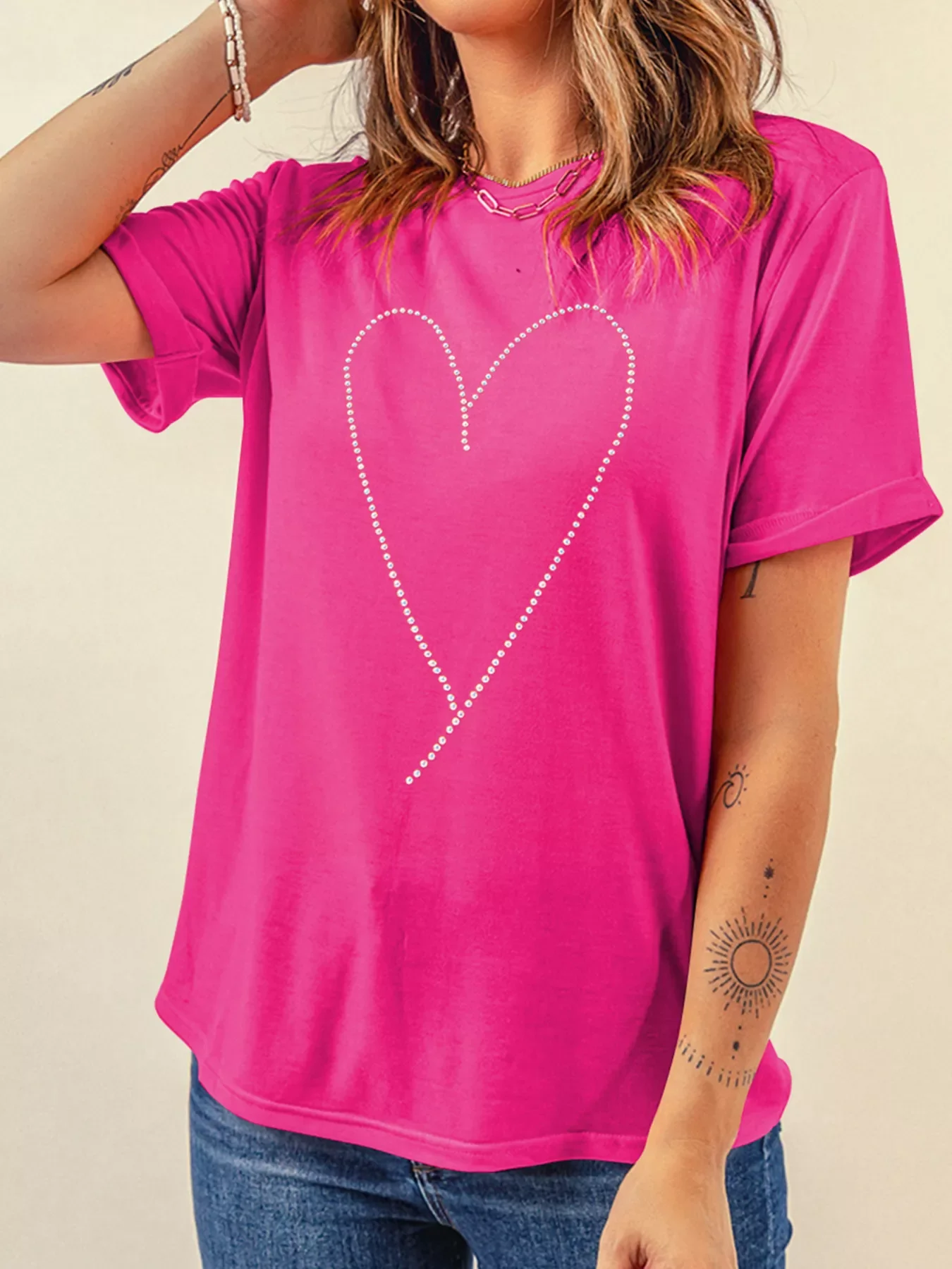 Rhinestone Heart Graphic Crew Neck Valentines Tee - Image 2
