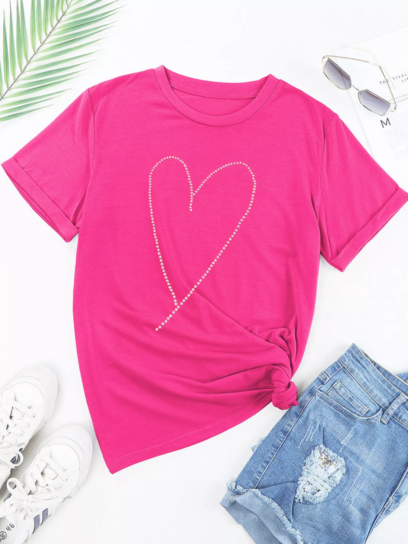 Rhinestone Heart Graphic Crew Neck Valentines Tee - Image 5