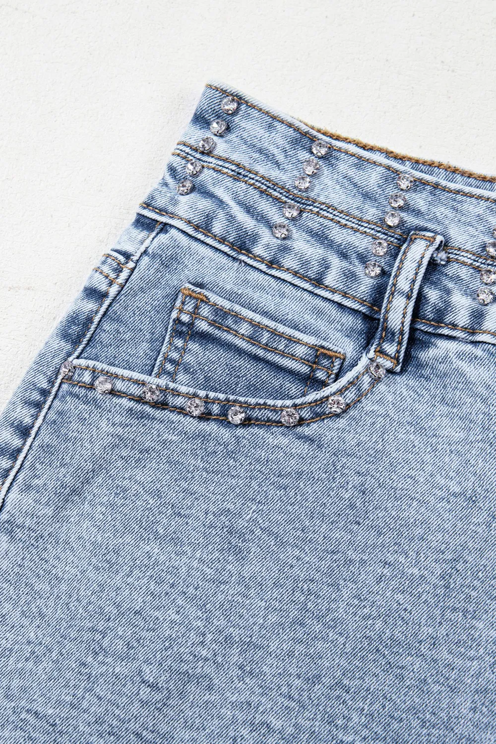 Rhinestone Light Wash Raw Hem High Waist Denim Shorts - Image 11
