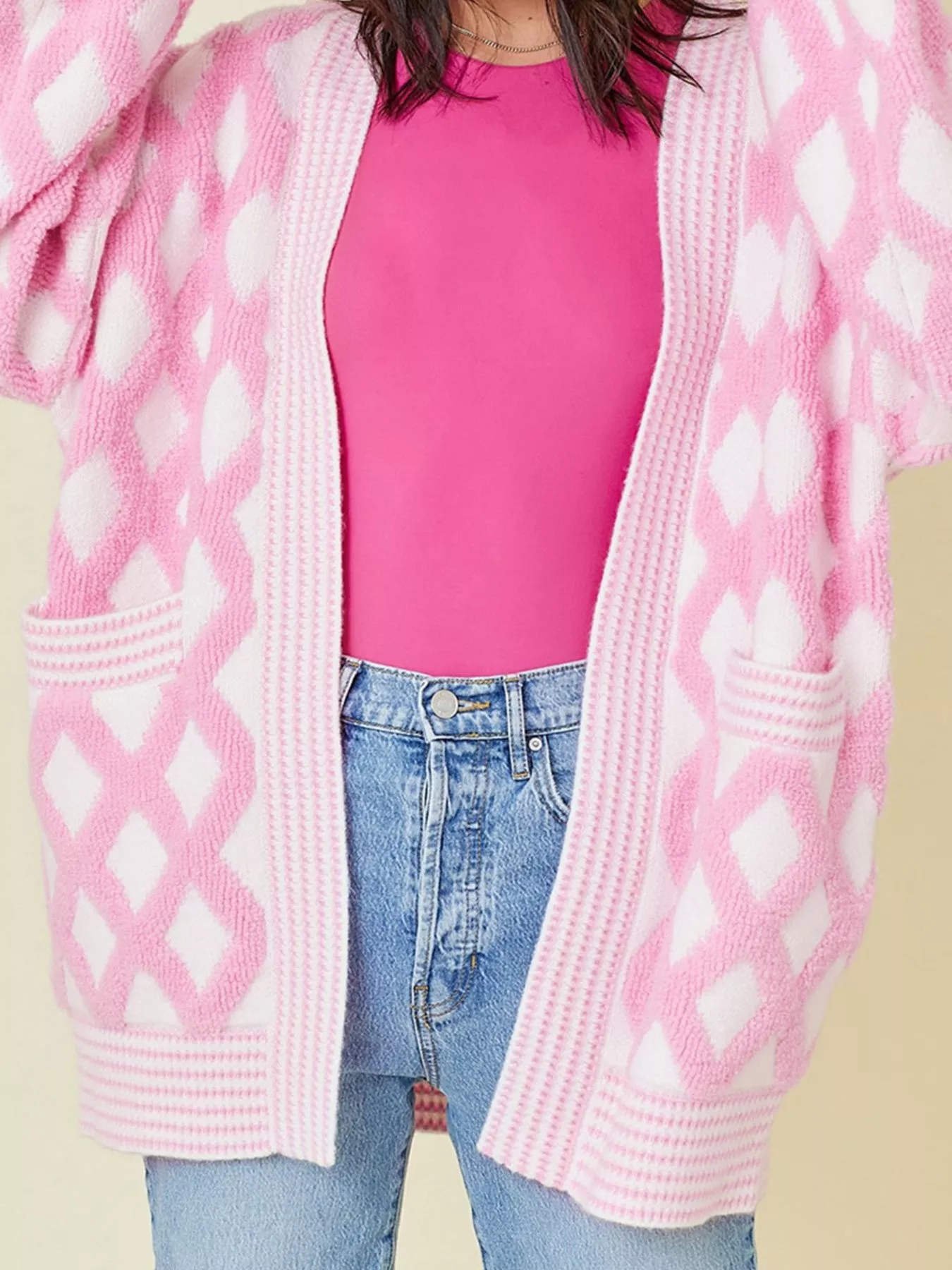 Rhombus Pattern Knit Open Front Pocketed Cardigans - Image 3