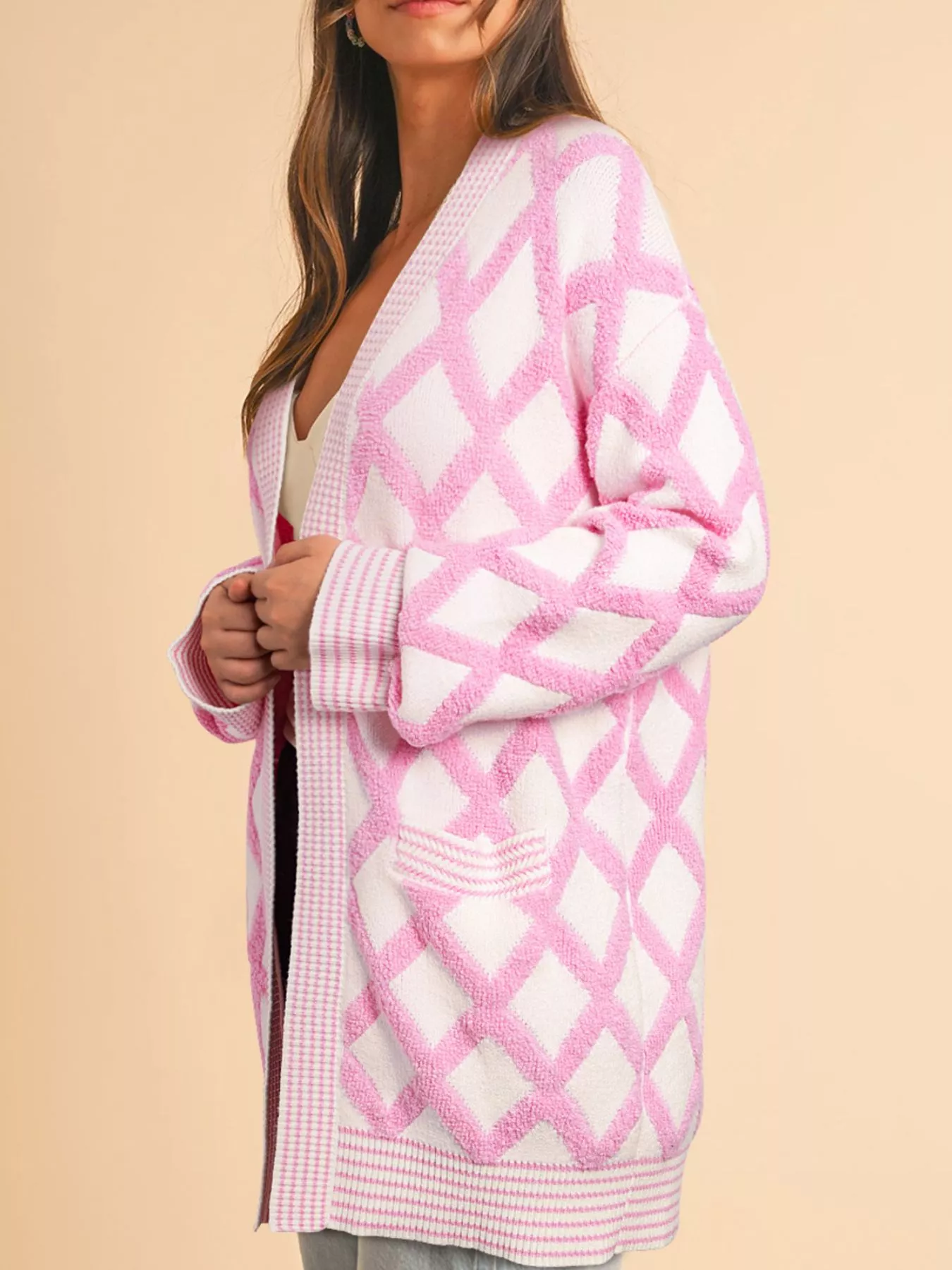 Rhombus Pattern Knit Open Front Pocketed Cardigans - Image 4
