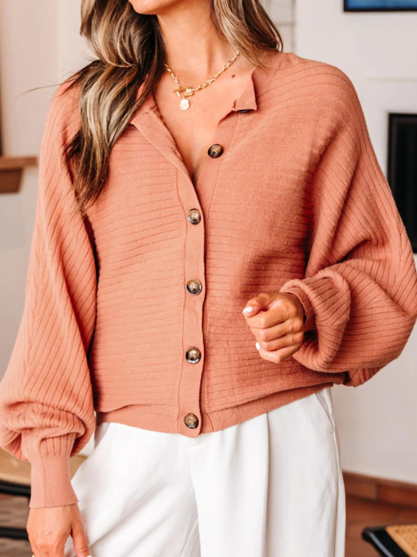 Rib Knit Button Front Dolman Sleeve Sweater Cardigan - Image 5