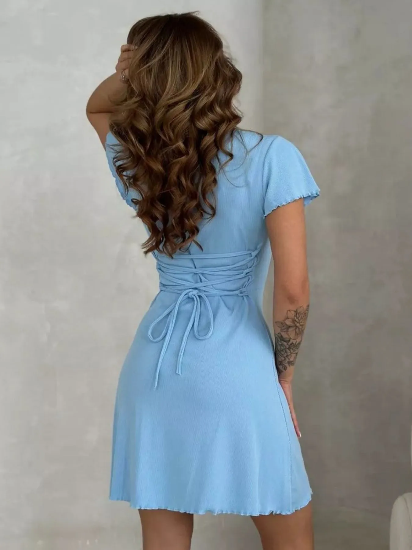 Ribbed Back Lace Up Short Sleeve Mini Dress - Image 10