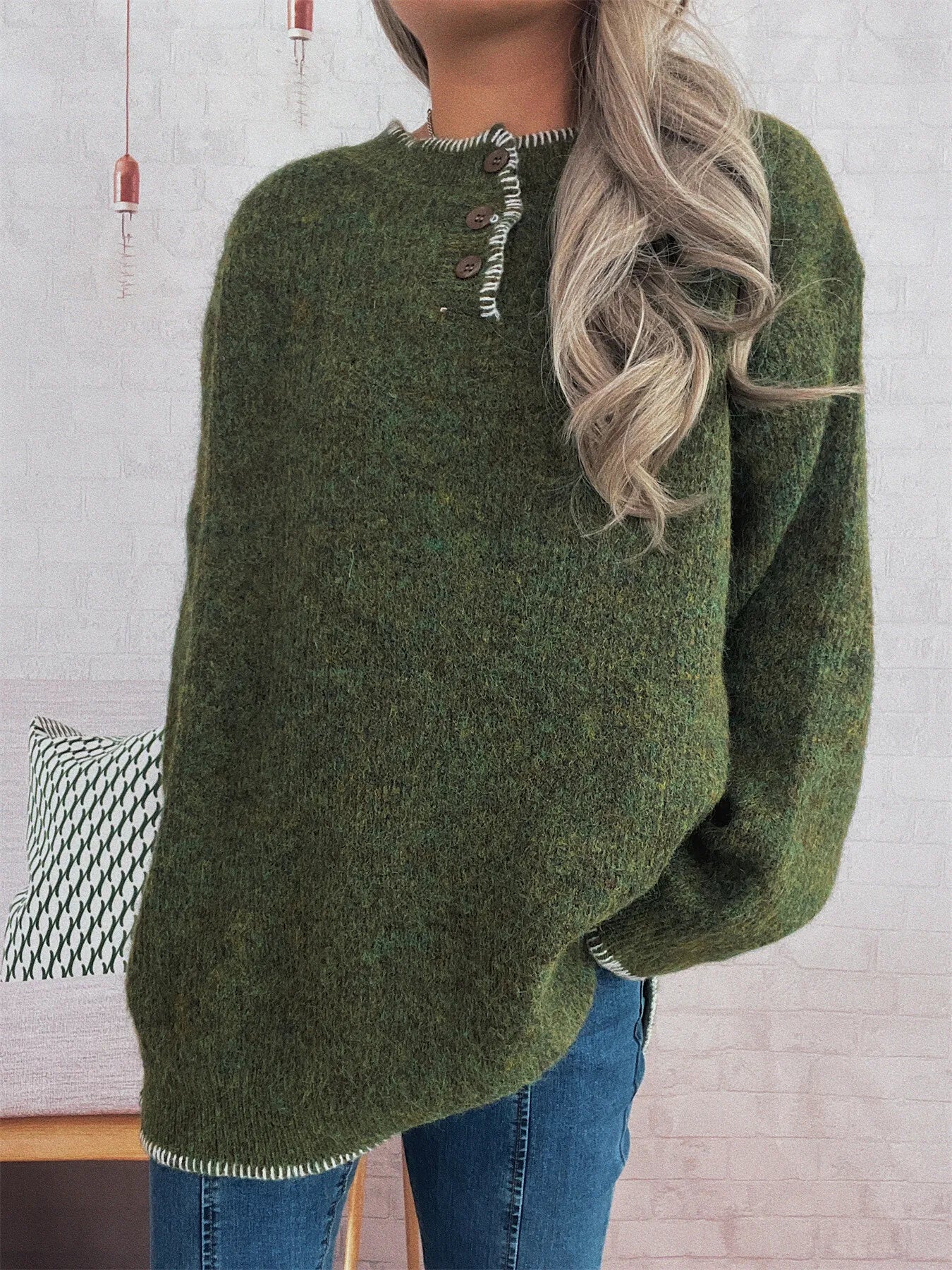 Ribbed Button Detail Long Sleeve Sweater - Image 12