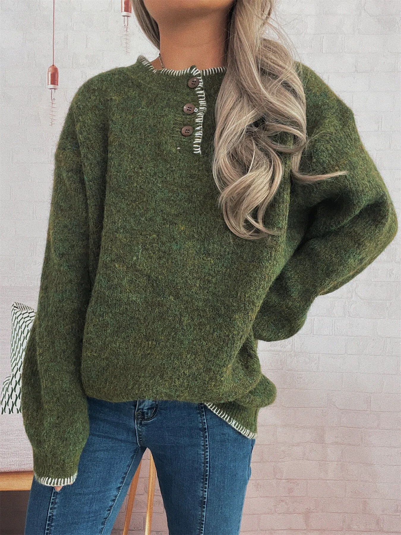 Ribbed Button Detail Long Sleeve Sweater - Image 14