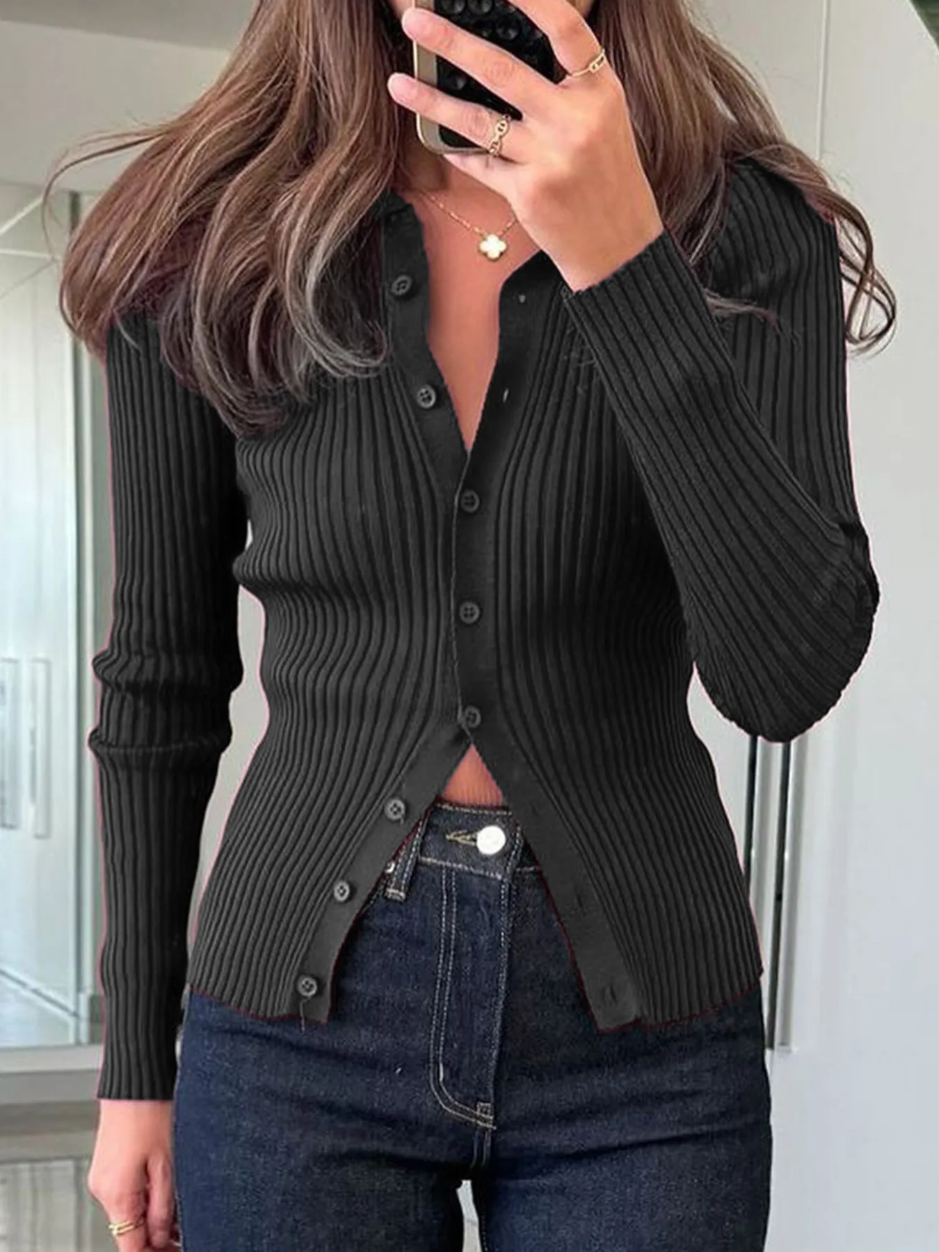 Ribbed Button-Front Long Sleeve Cardigan - Image 7