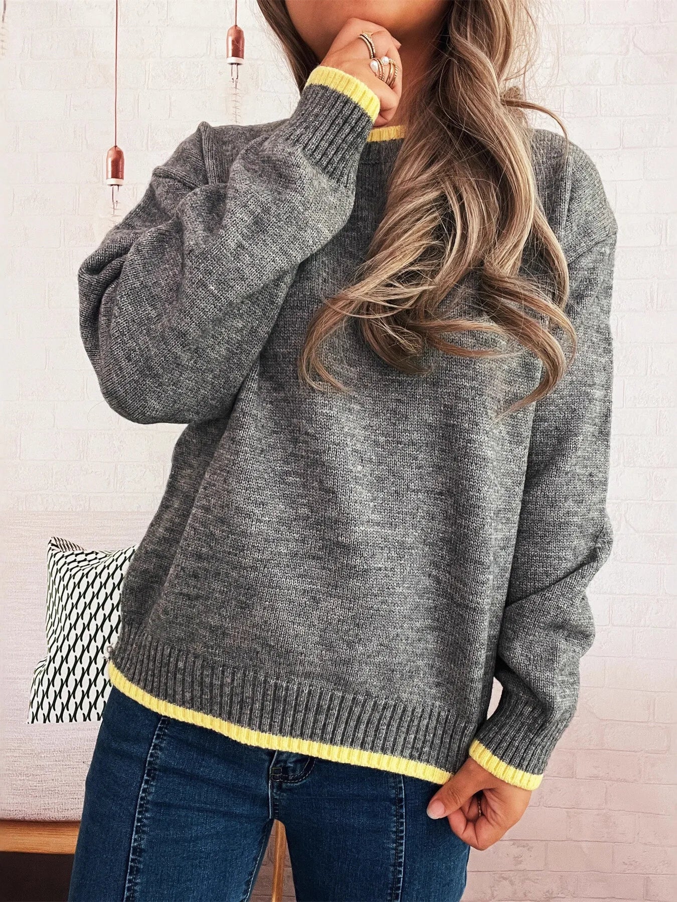 Ribbed Contrast Trim Long Sleeve Sweater - Image 2
