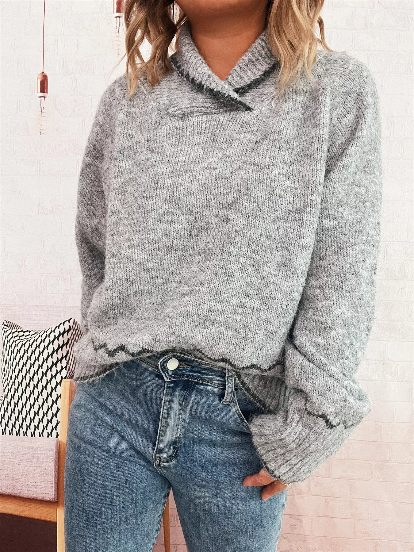 Ribbed Contrast Trim Long Sleeve Sweater - Image 14