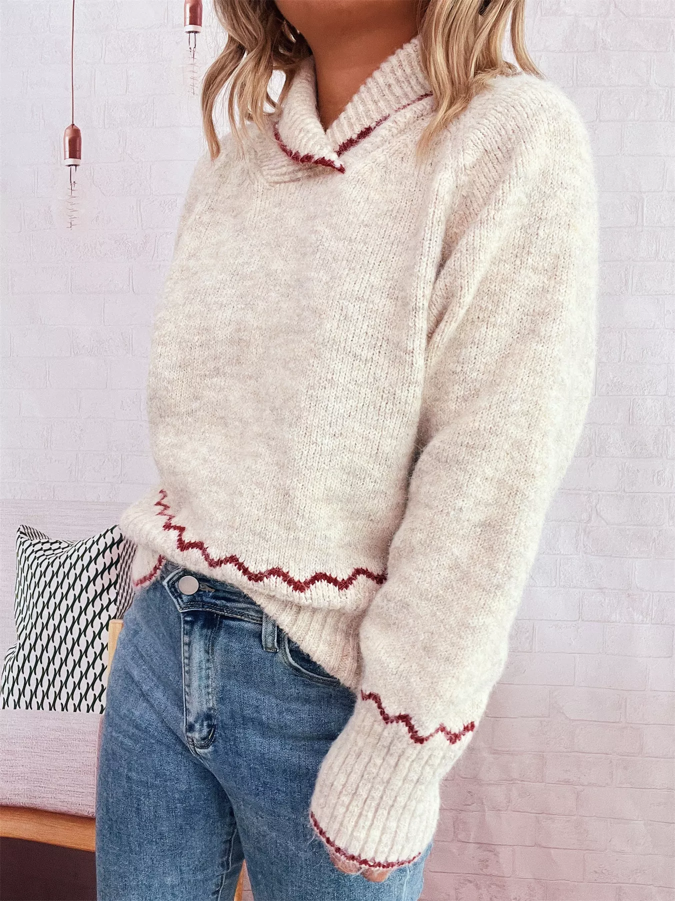 Ribbed Contrast Trim Long Sleeve Sweater - Image 2