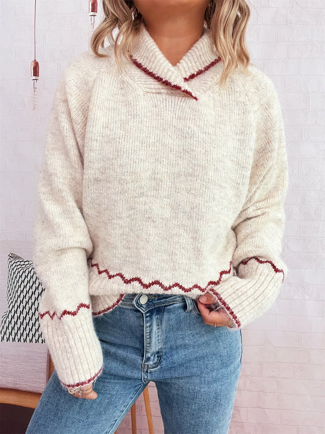 Ribbed Contrast Trim Long Sleeve Sweater - Image 3