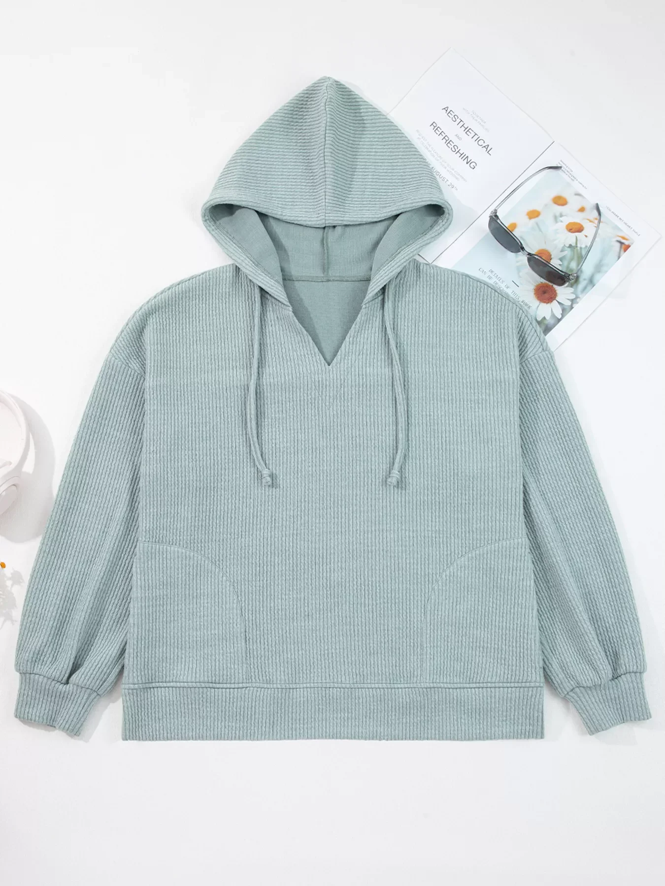 Ribbed Drop Shoulder Knit Hoodie - Image 2