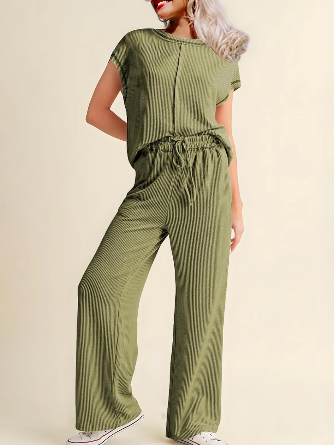 Ribbed Exposed Seam Top and Pants Set - Image 5