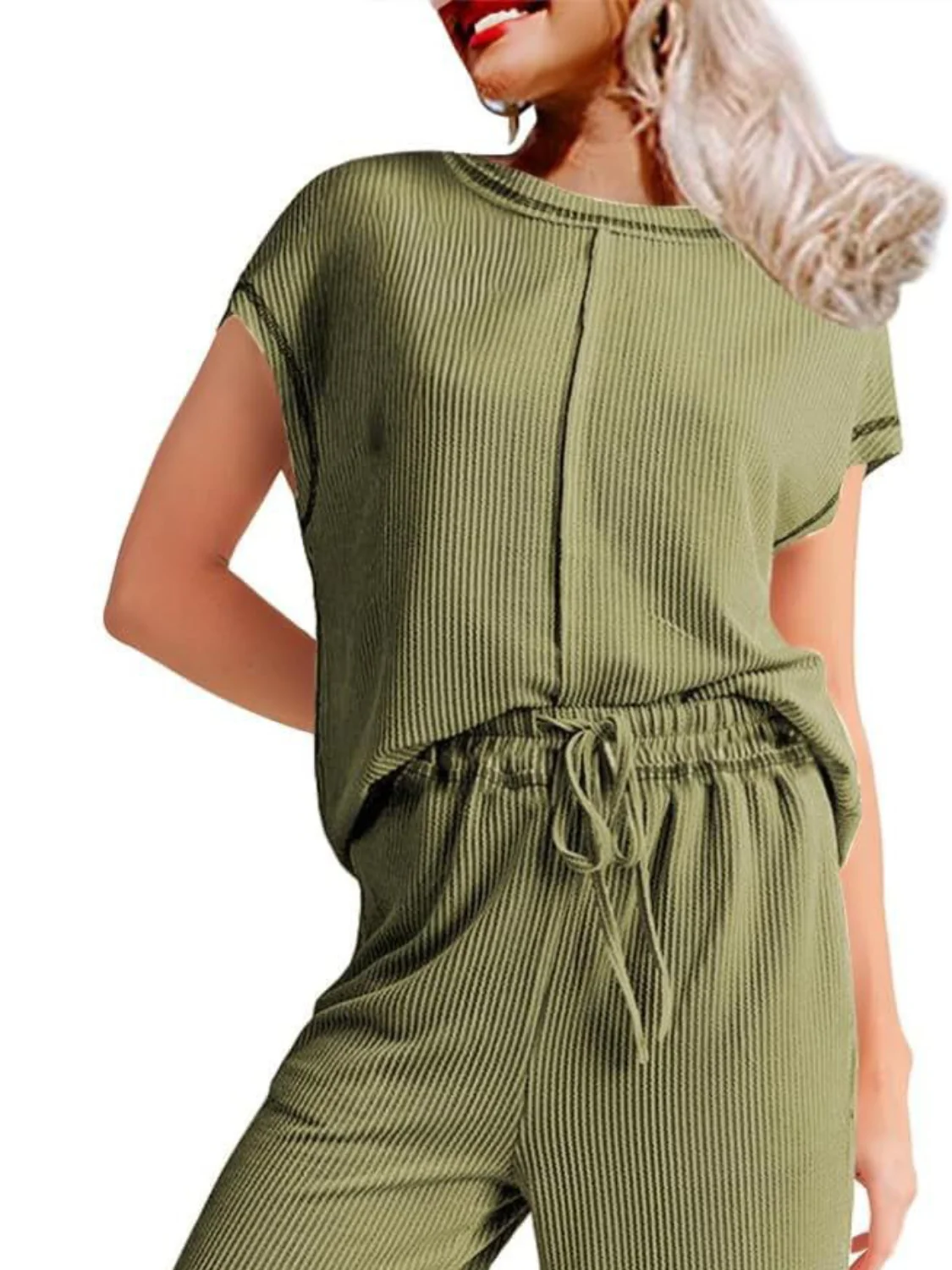 Ribbed Exposed Seam Top and Pants Set - Image 8