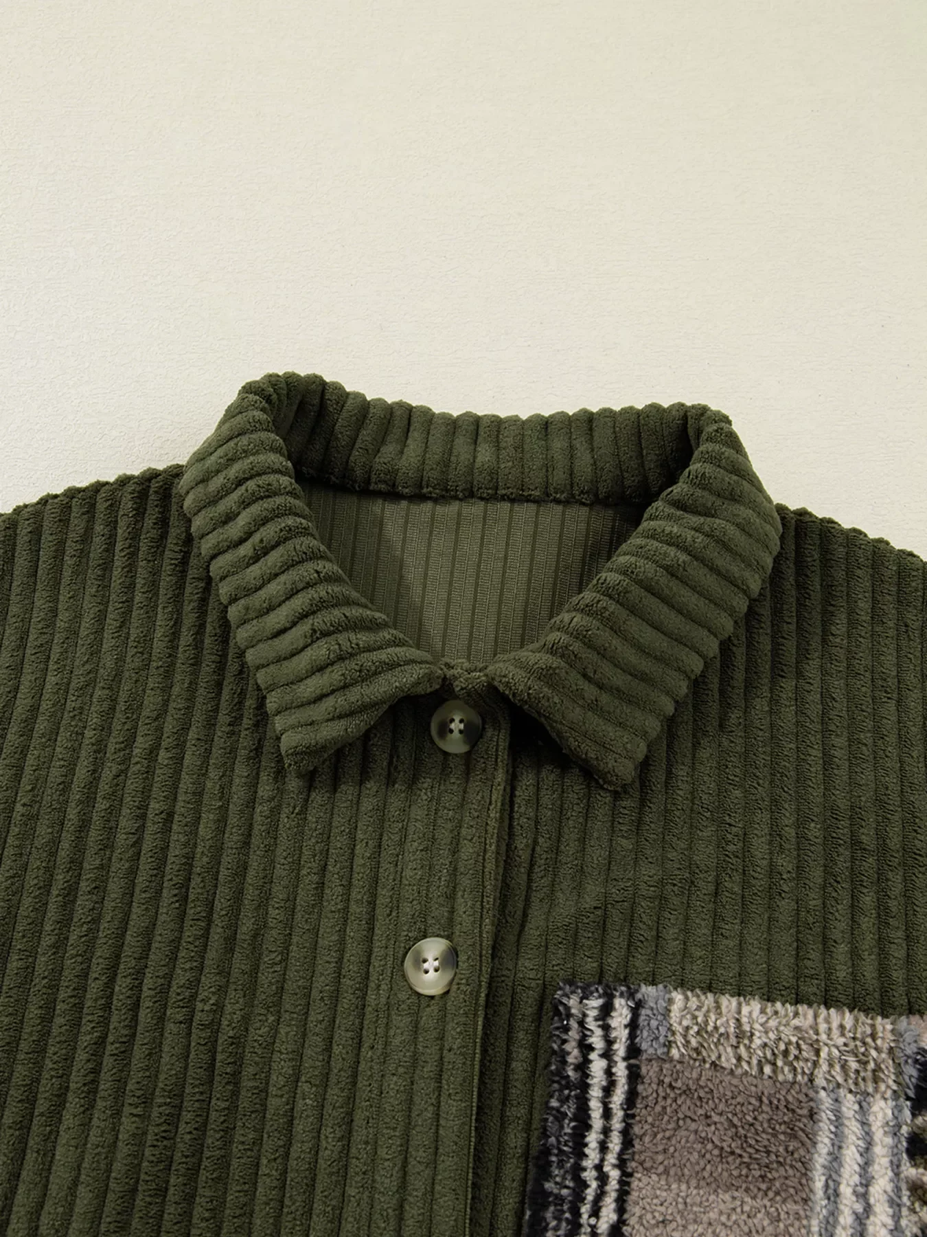 Ribbed Fleece Plaid Print Patchwork Button Up Jacket - Image 10