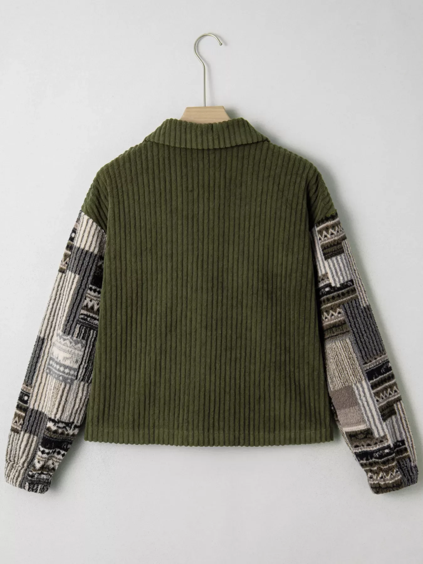 Ribbed Fleece Plaid Print Patchwork Button Up Jacket - Image 3