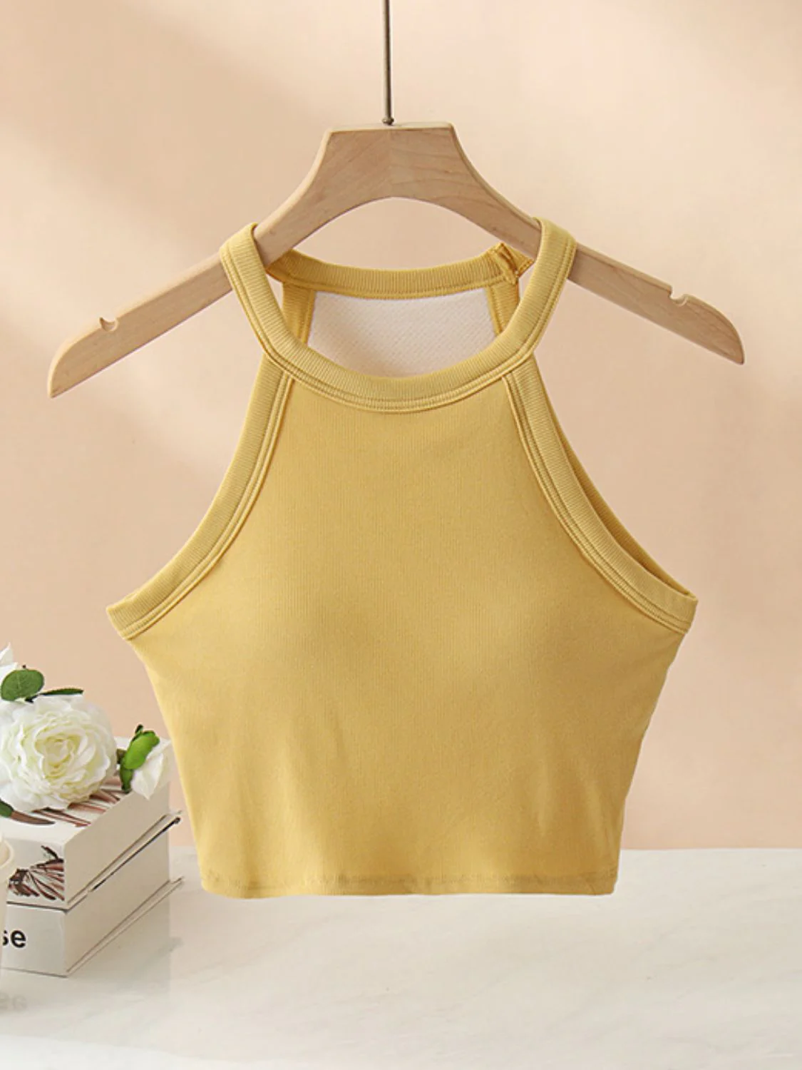 Ribbed Grecian Neck Cropped Tank with Chest Pads - Image 12