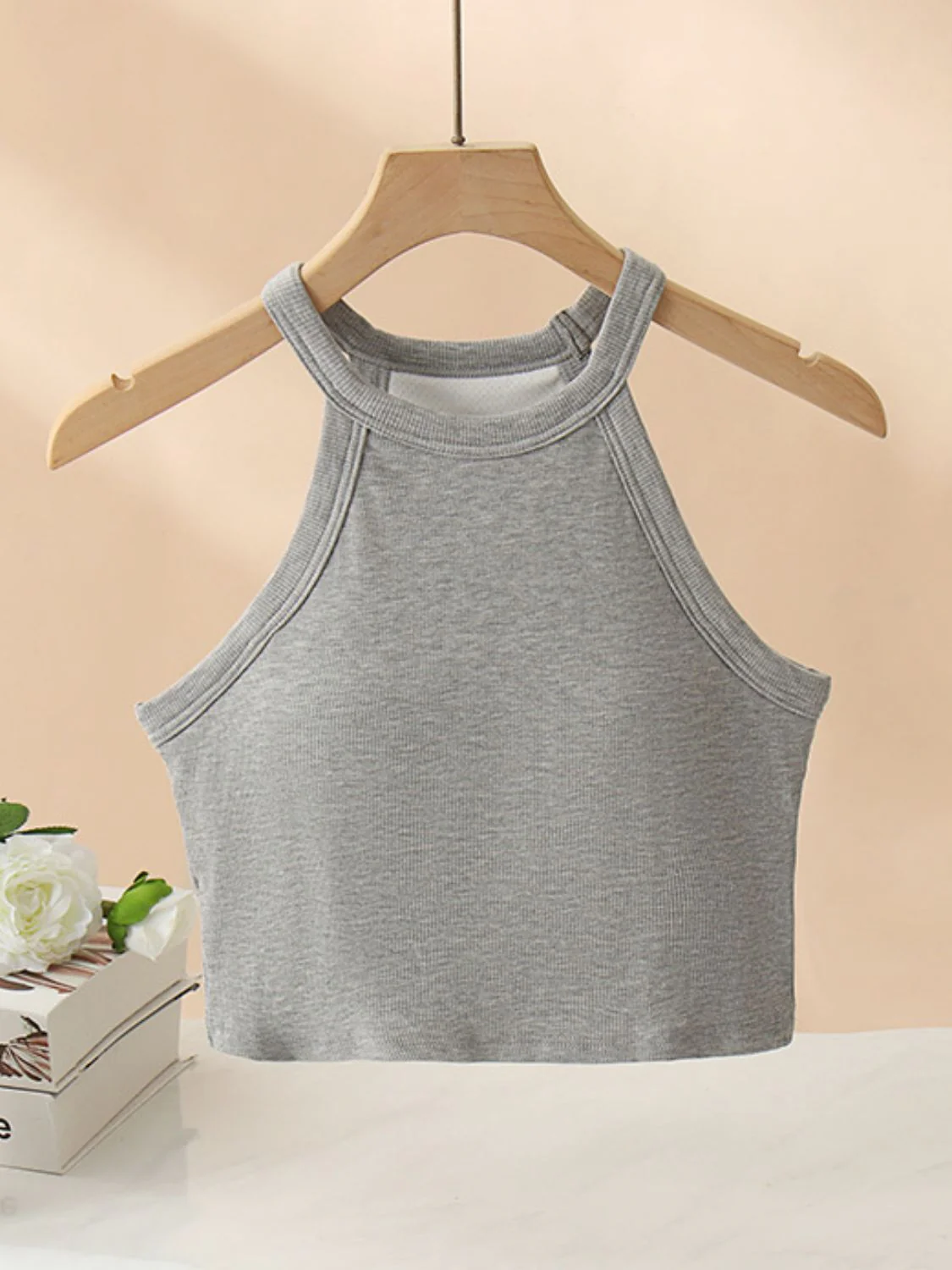 Ribbed Grecian Neck Cropped Tank with Chest Pads - Image 13