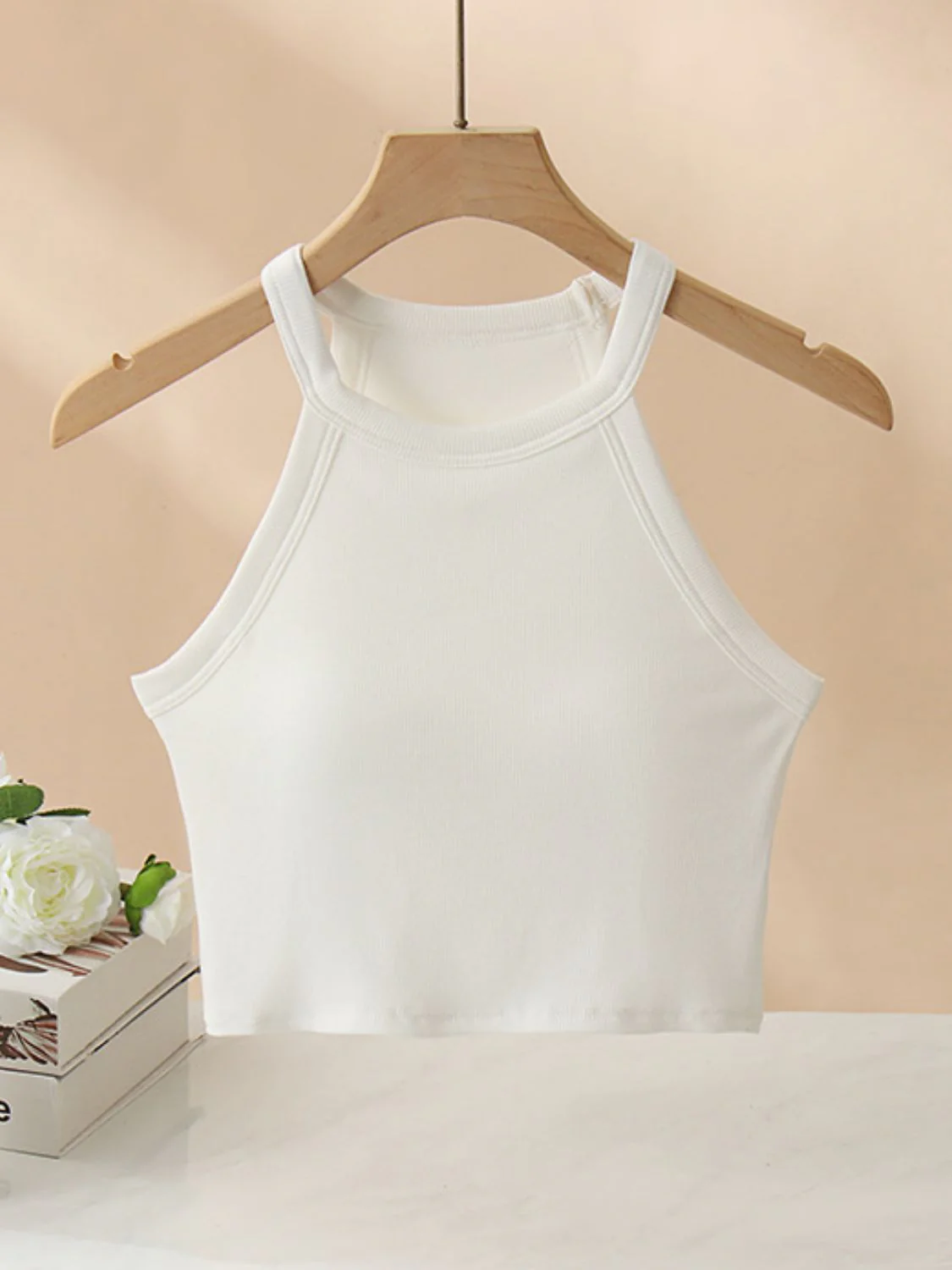 Ribbed Grecian Neck Cropped Tank with Chest Pads - Image 16