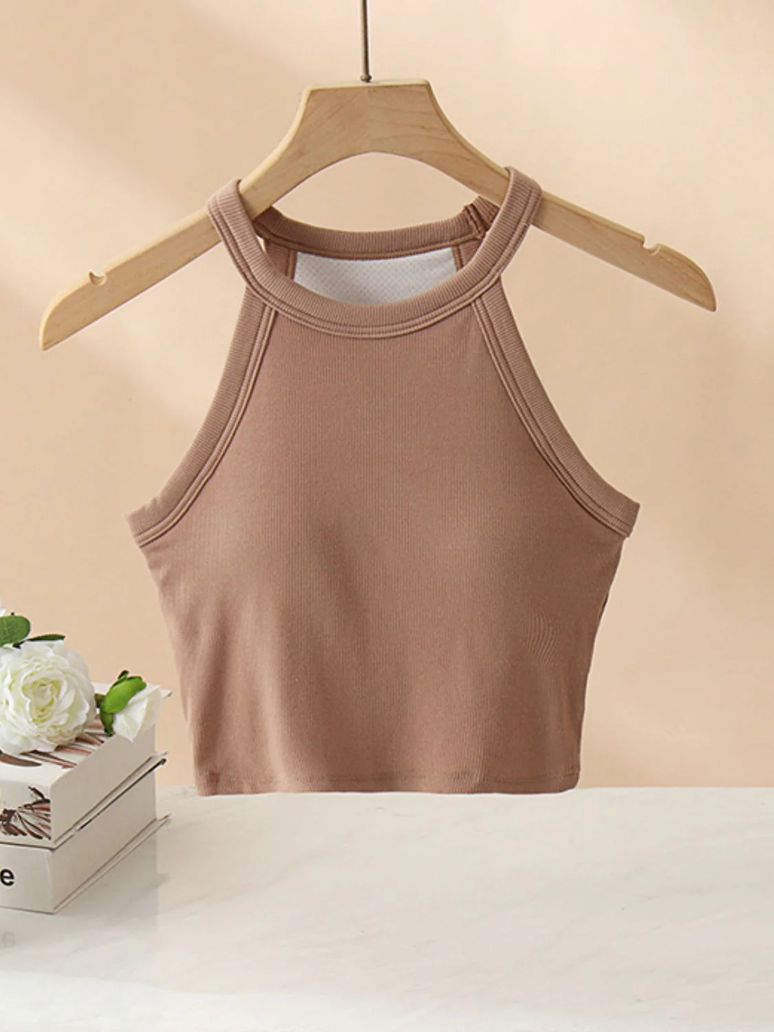 Ribbed Grecian Neck Cropped Tank with Chest Pads - Image 22
