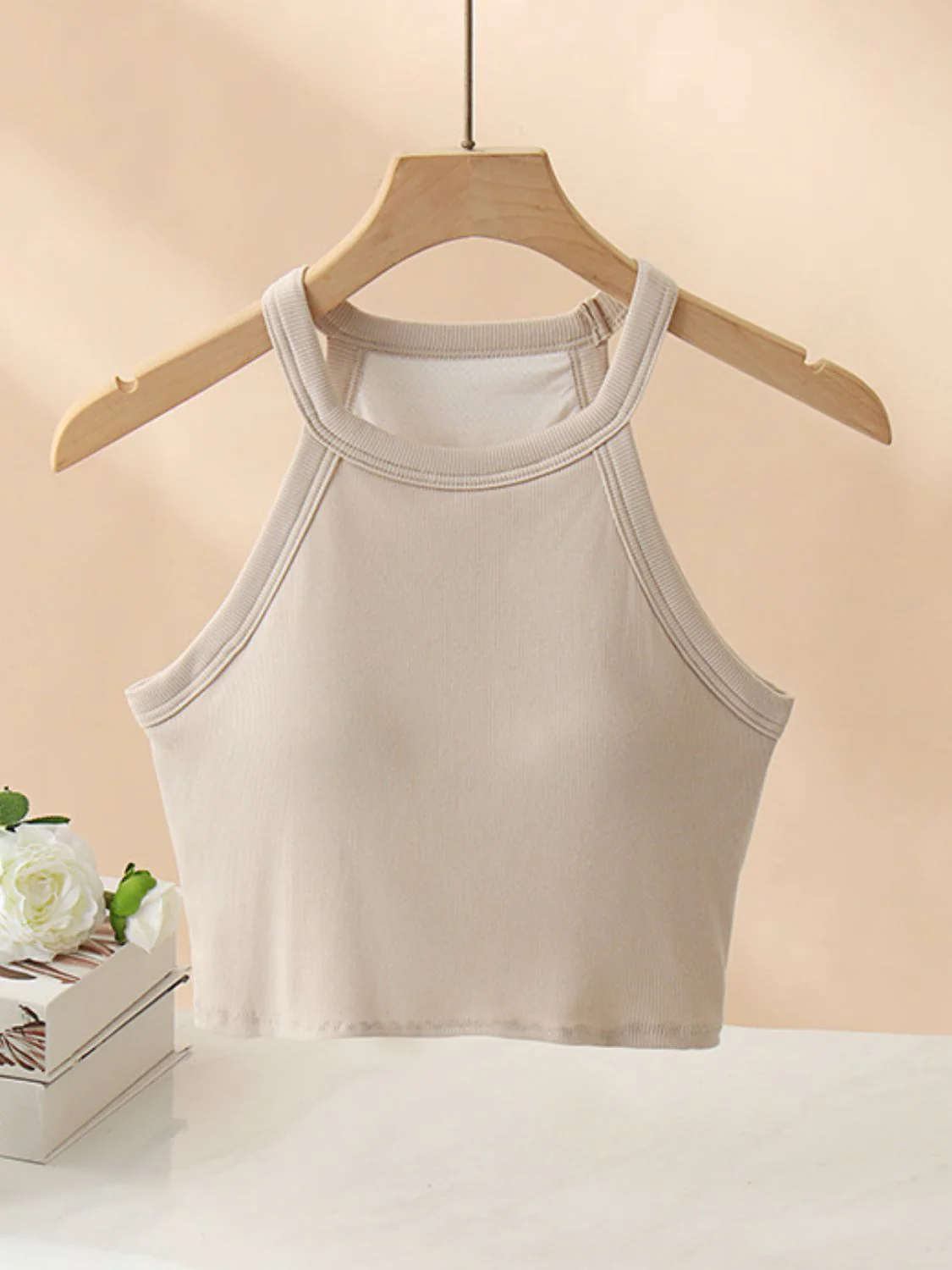 Ribbed Grecian Neck Cropped Tank with Chest Pads - Image 25