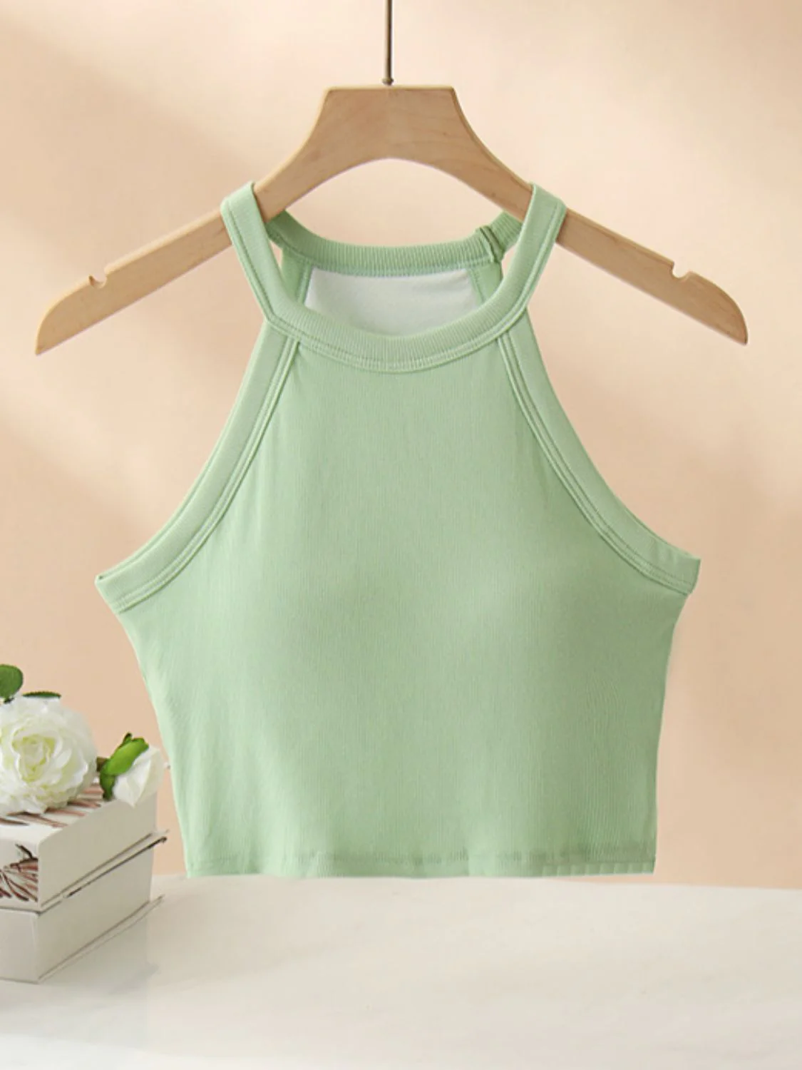 Ribbed Grecian Neck Cropped Tank with Chest Pads - Image 7