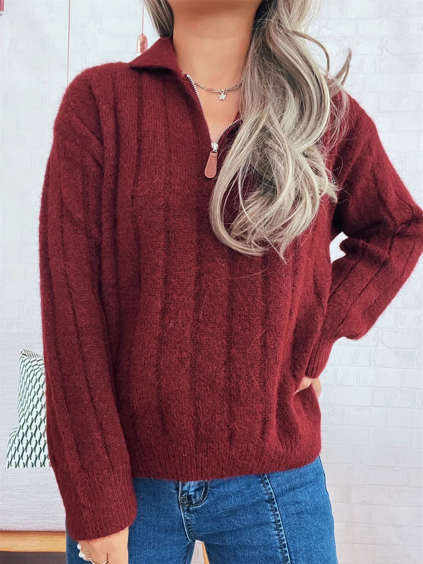 Ribbed Hem Quarter Zip Sweater - Image 12