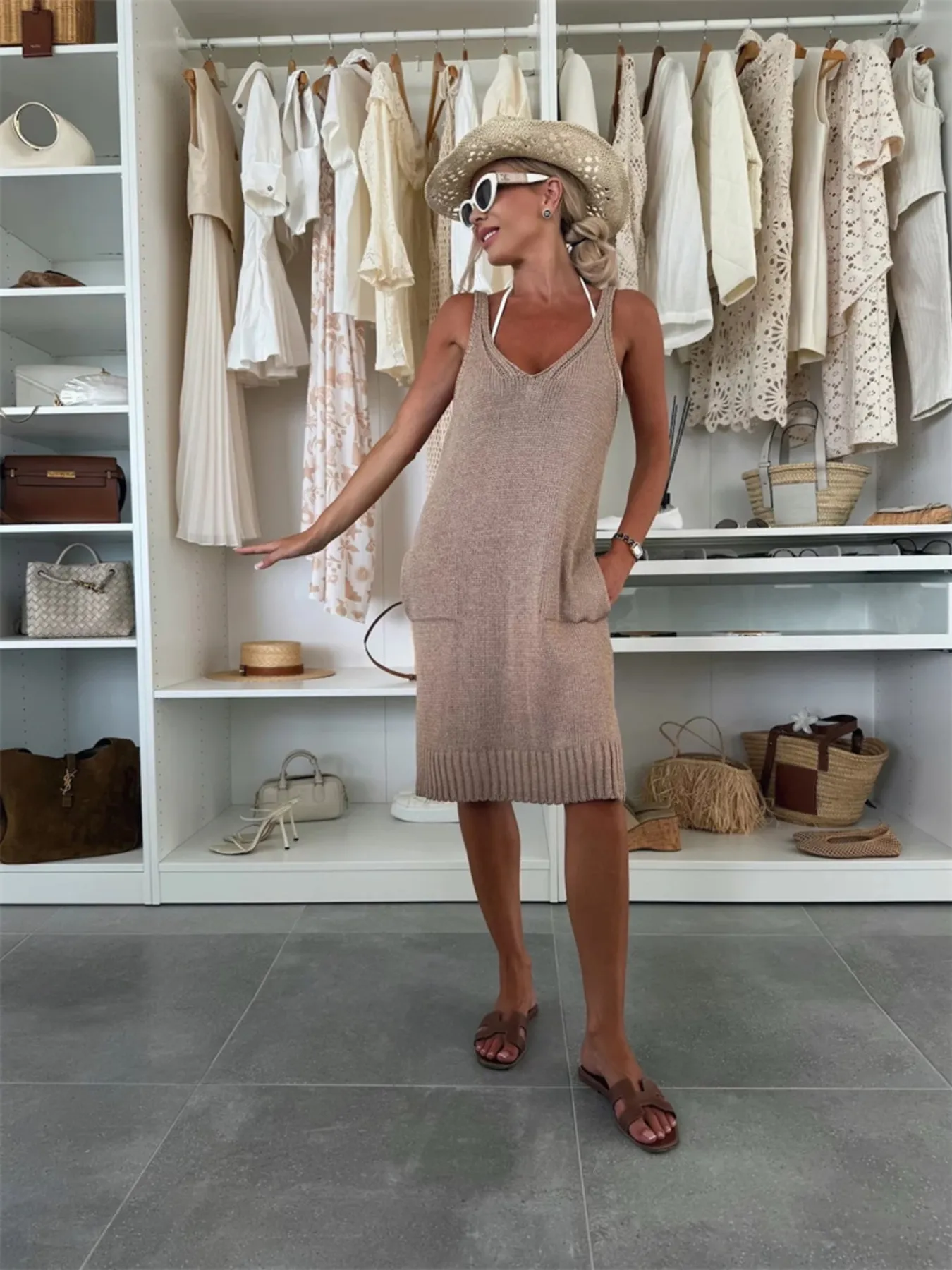 Ribbed Hem V-Neck Sweater Dress - Image 11