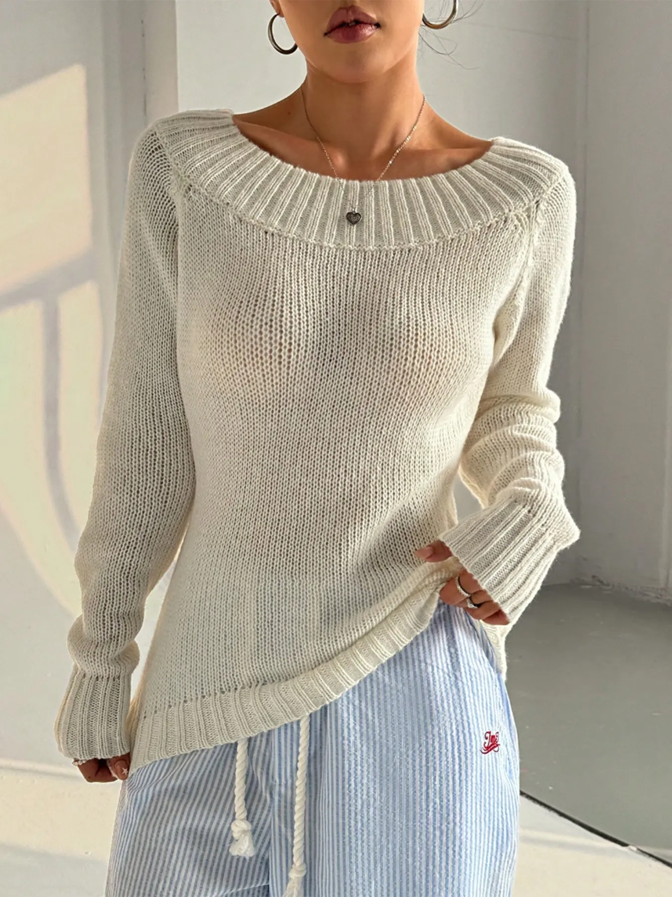 Ribbed Knit Boat Neck Sweater - Image 2