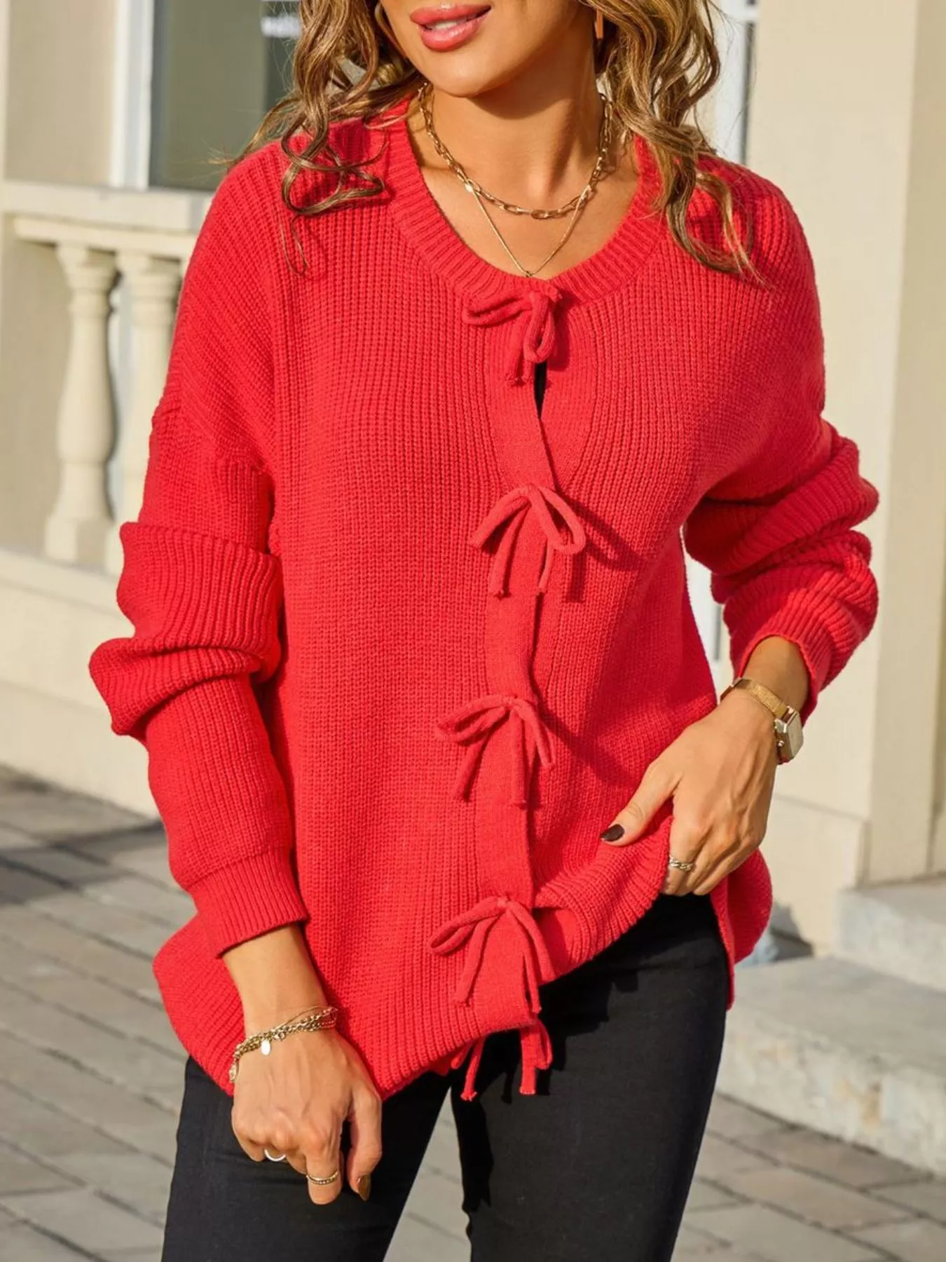 Ribbed Knit Bow-Tie Cardigan - Image 10