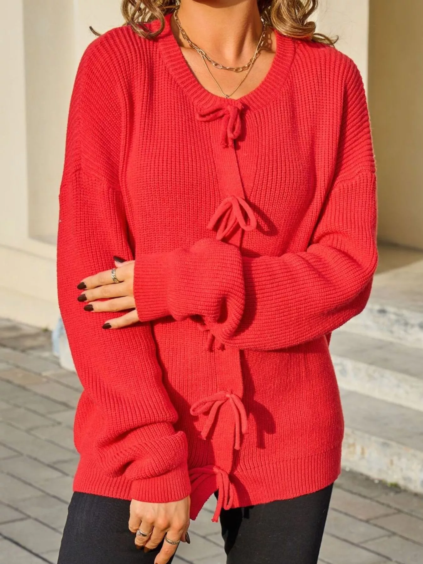 Ribbed Knit Bow-Tie Cardigan - Image 7