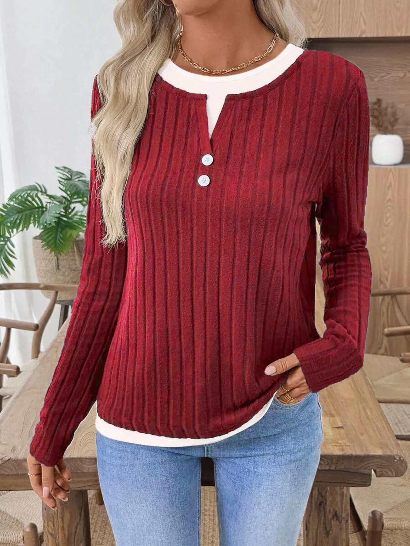 Ribbed Knit Button Detail Contrast Sweater - Image 12