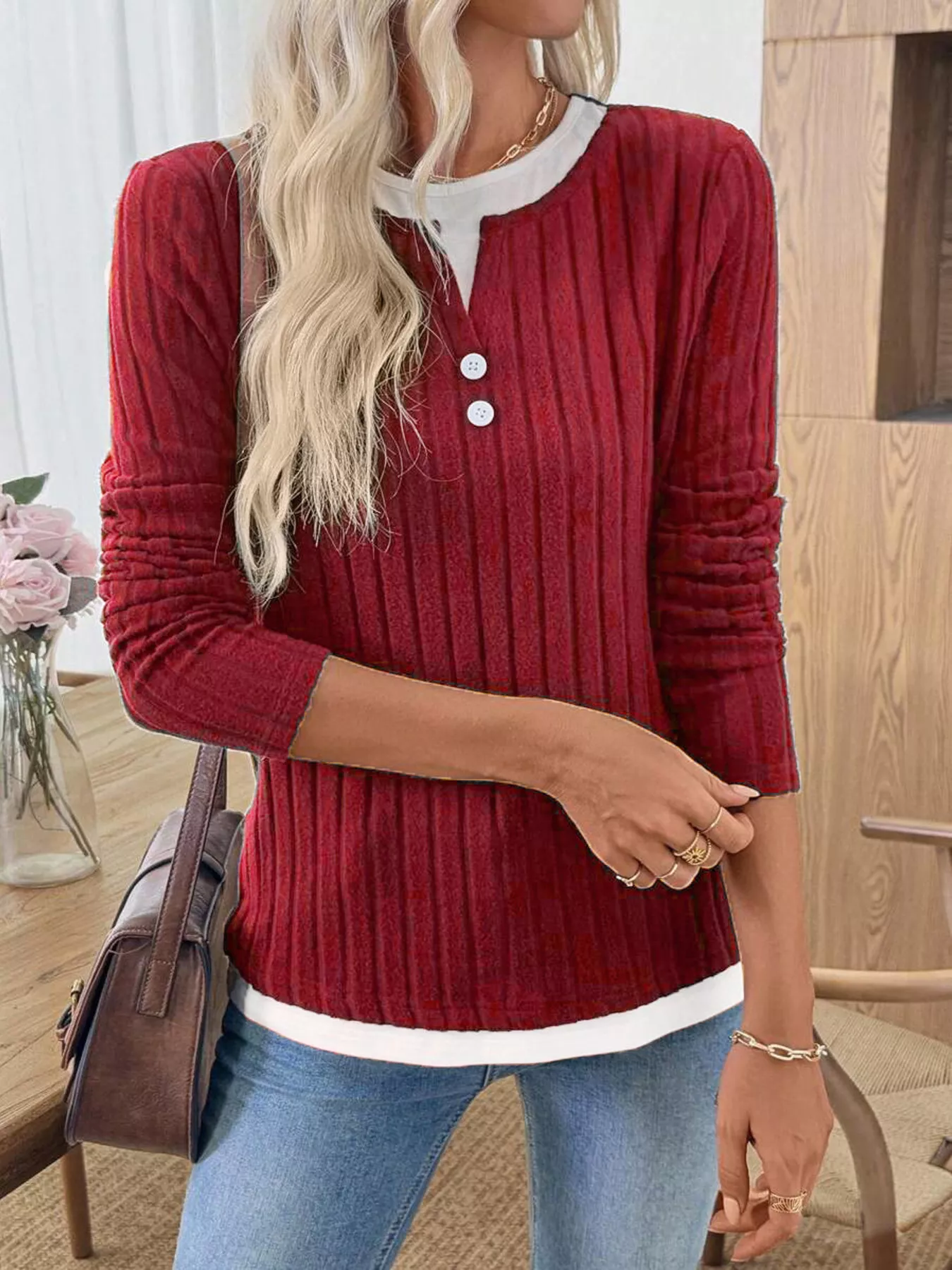 Ribbed Knit Button Detail Contrast Sweater - Image 15