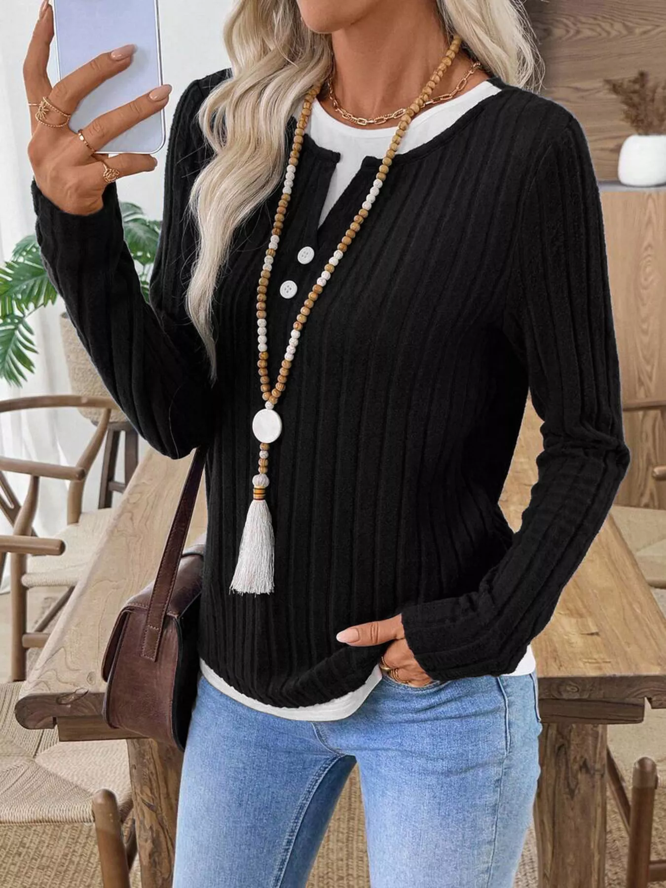 Ribbed Knit Button Detail Contrast Sweater - Image 18