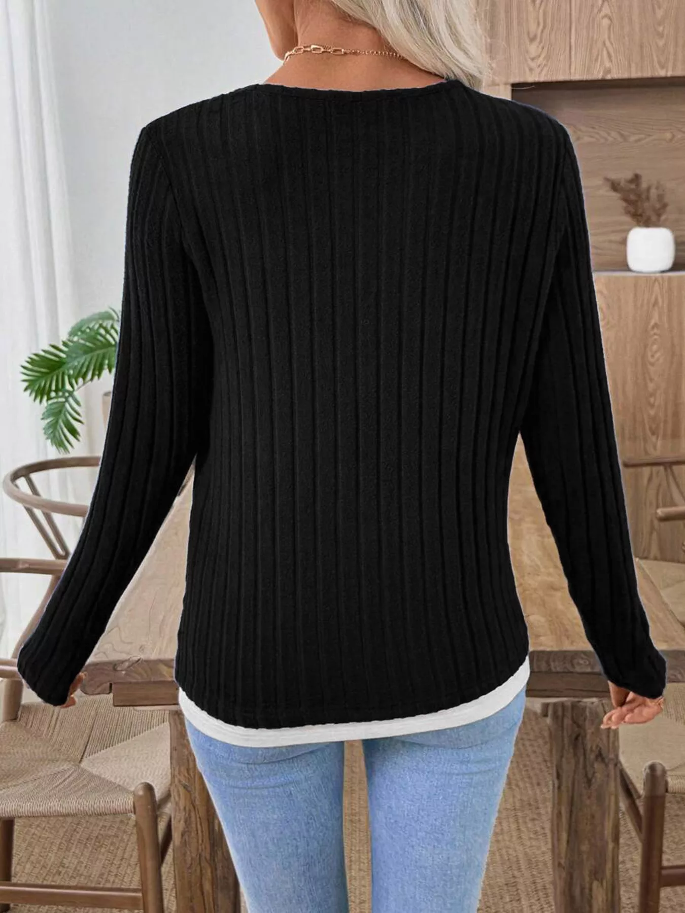 Ribbed Knit Button Detail Contrast Sweater - Image 19