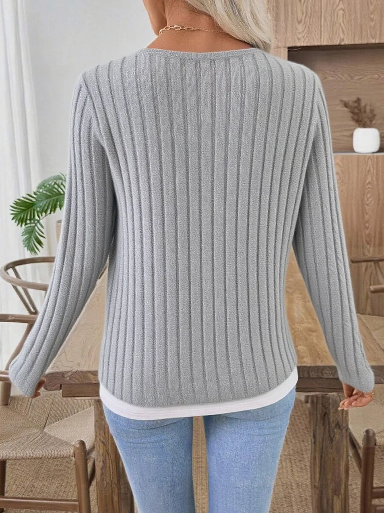 Ribbed Knit Button Detail Contrast Sweater - Image 2