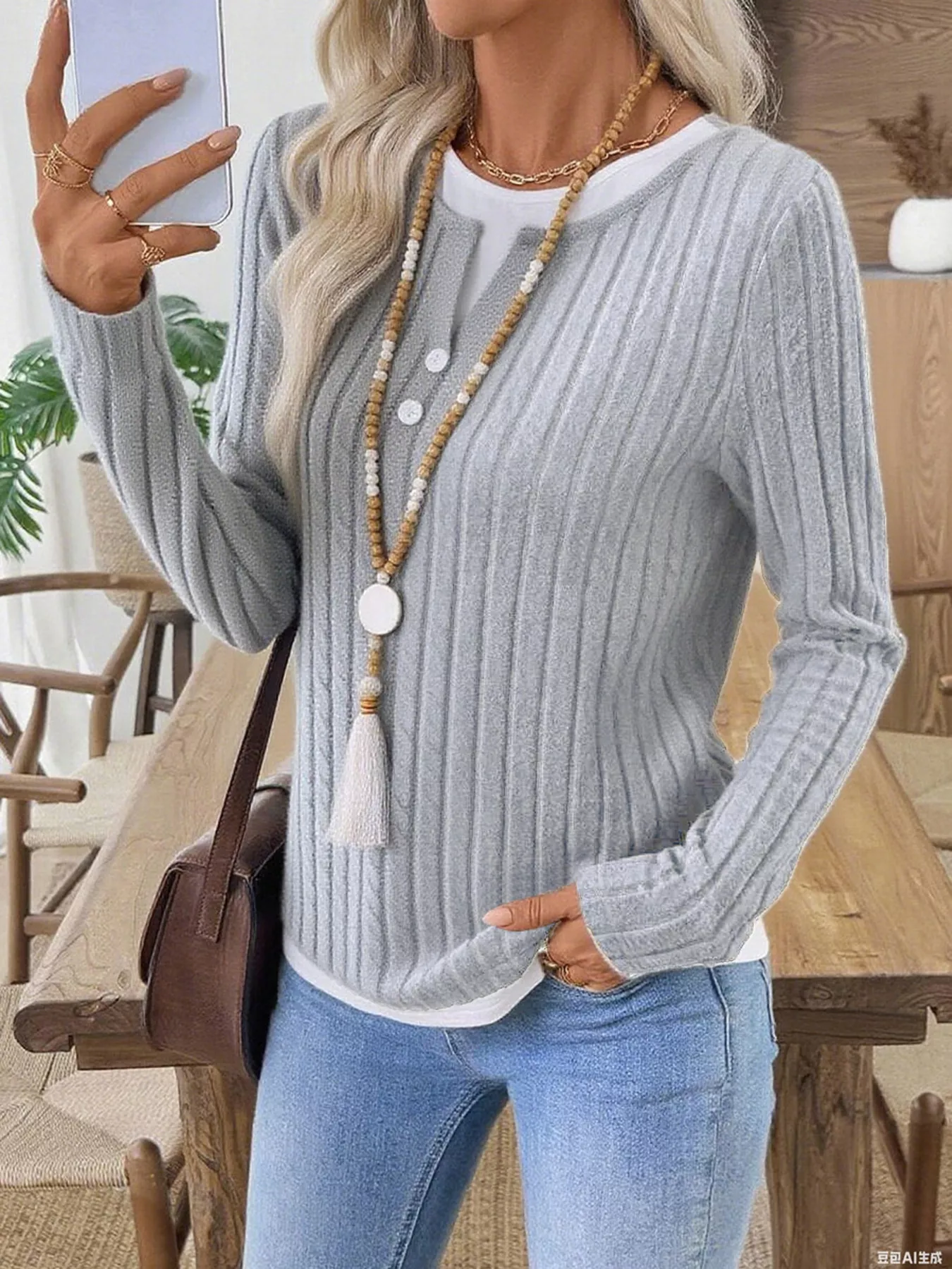 Ribbed Knit Button Detail Contrast Sweater - Image 3