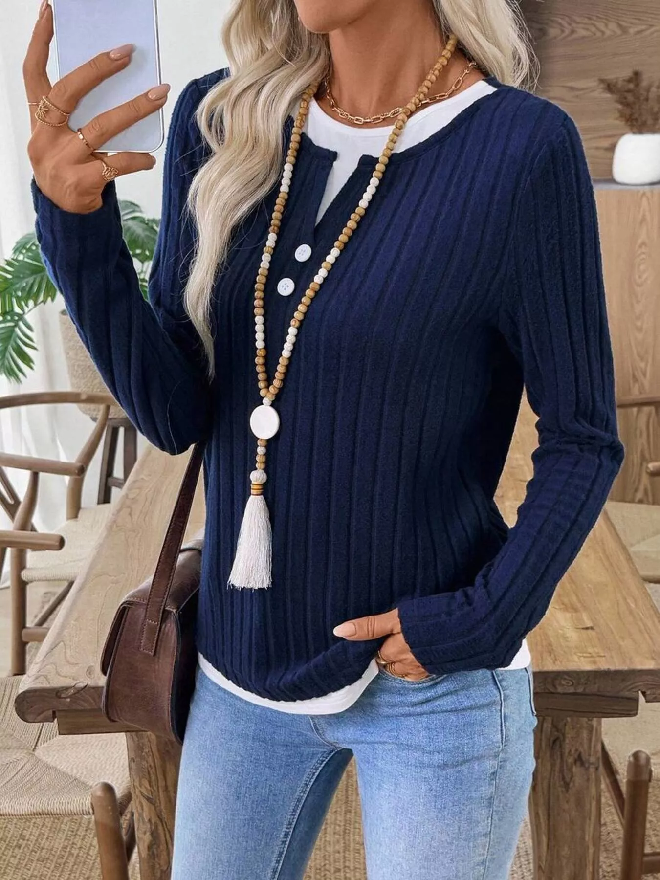 Ribbed Knit Button Detail Contrast Sweater - Image 6