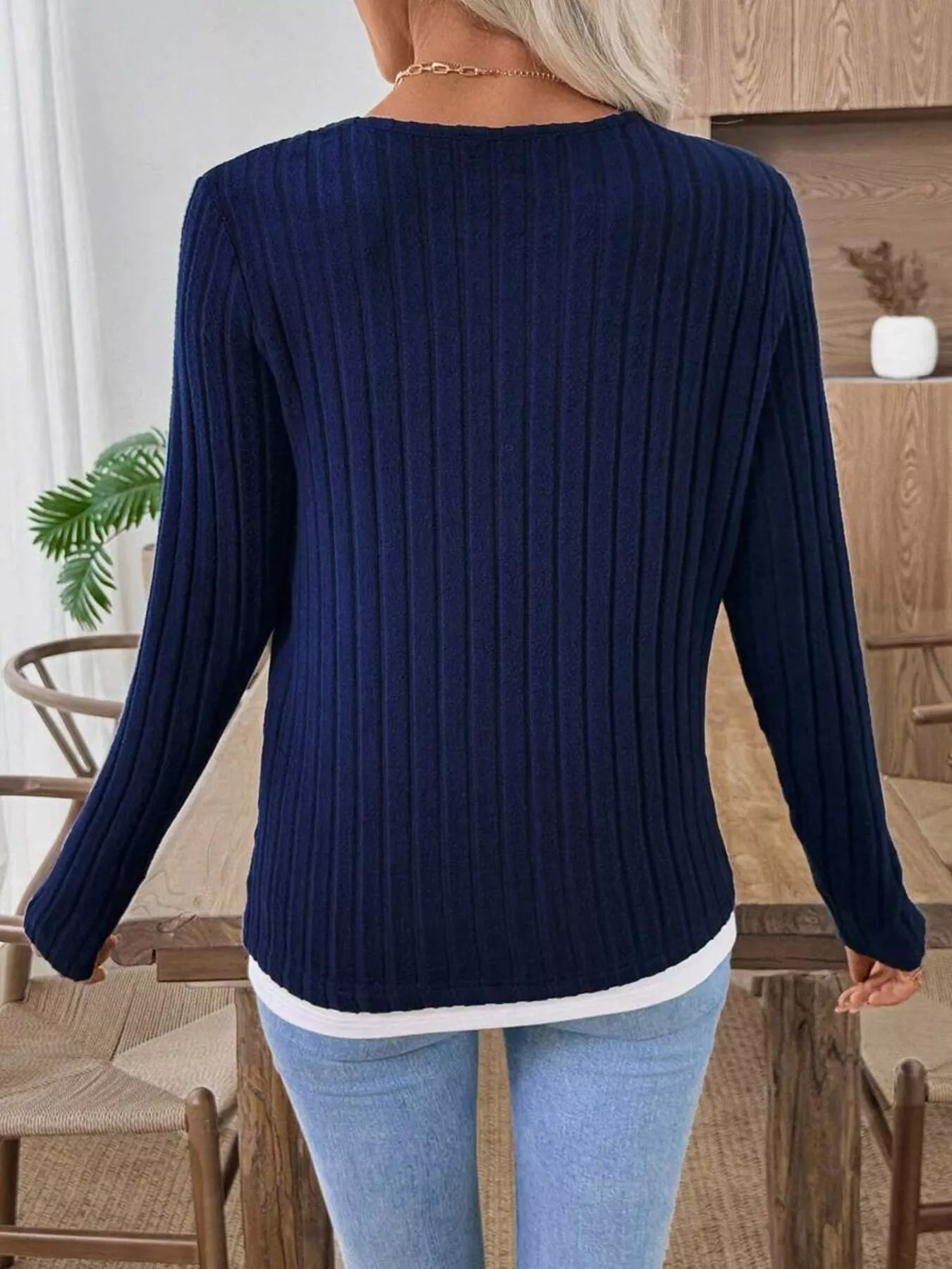 Ribbed Knit Button Detail Contrast Sweater - Image 7