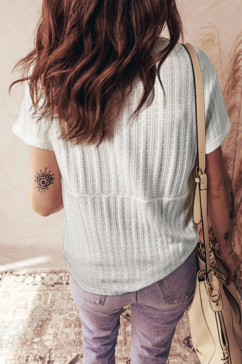 Ribbed Knit Button Detail V-Neck T-Shirt - Image 2