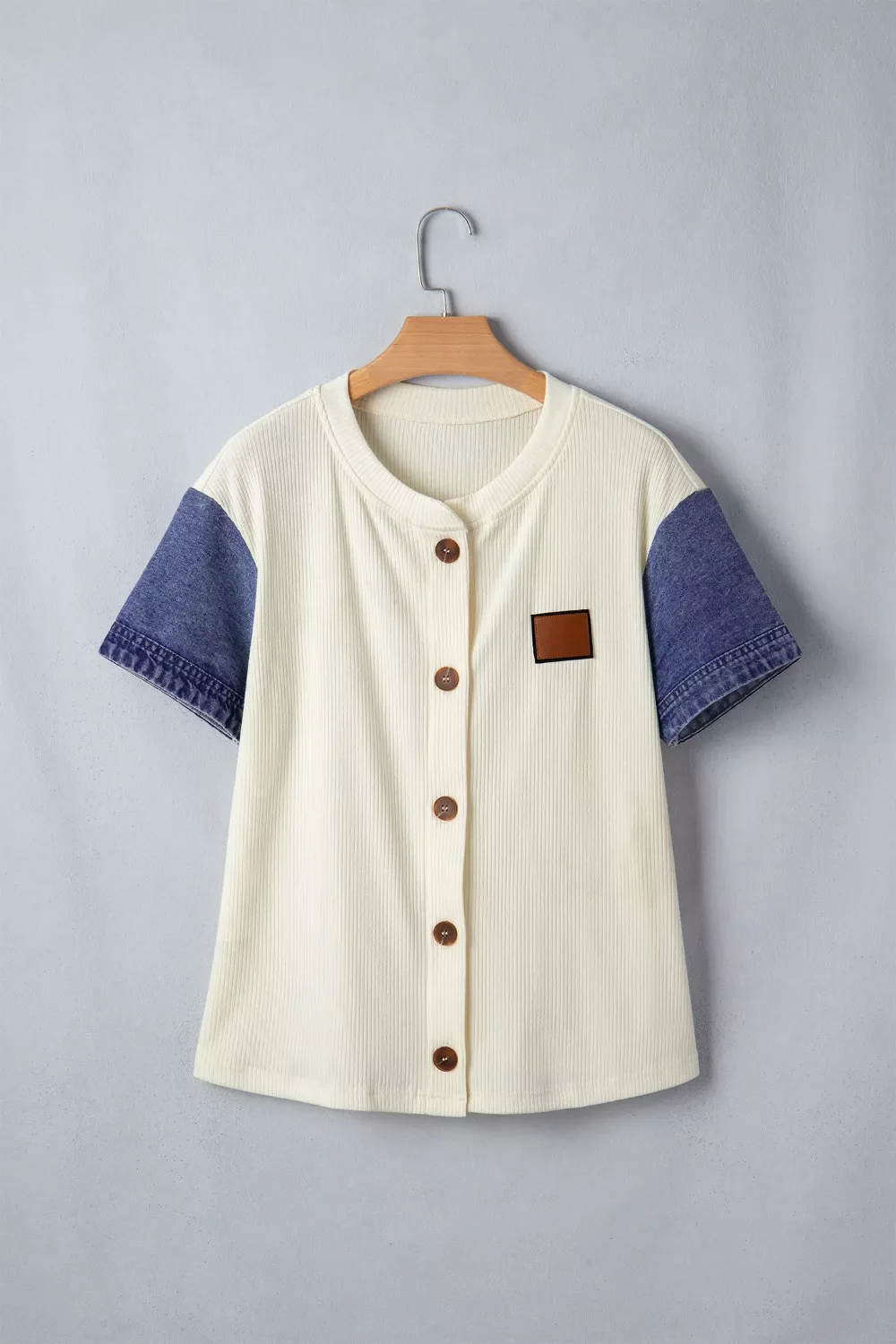 Ribbed Knit Button-Down Shirt with Denim Sleeves - Image 3