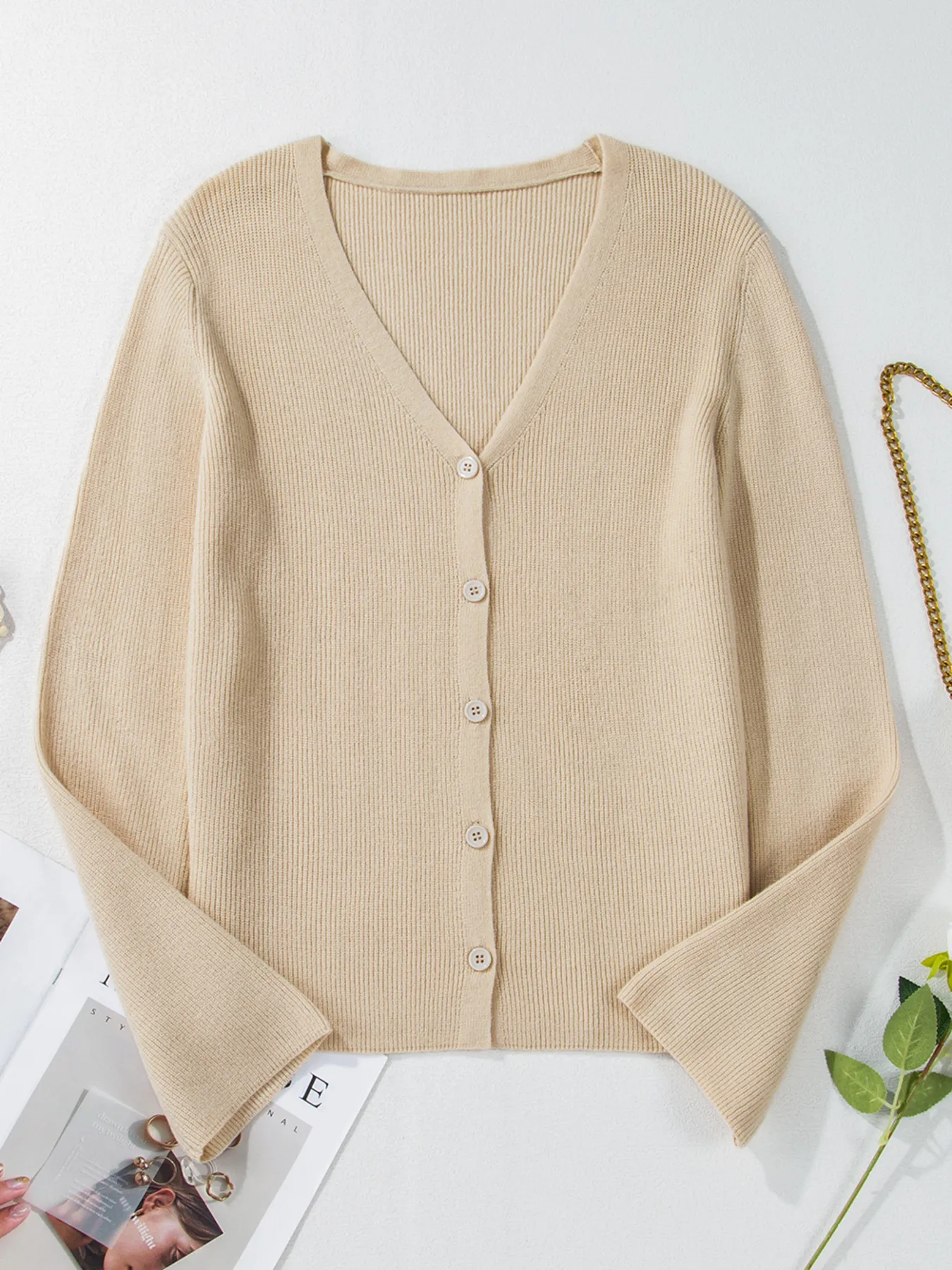 Ribbed Knit Button Front V Neck Cardigan - Image 32