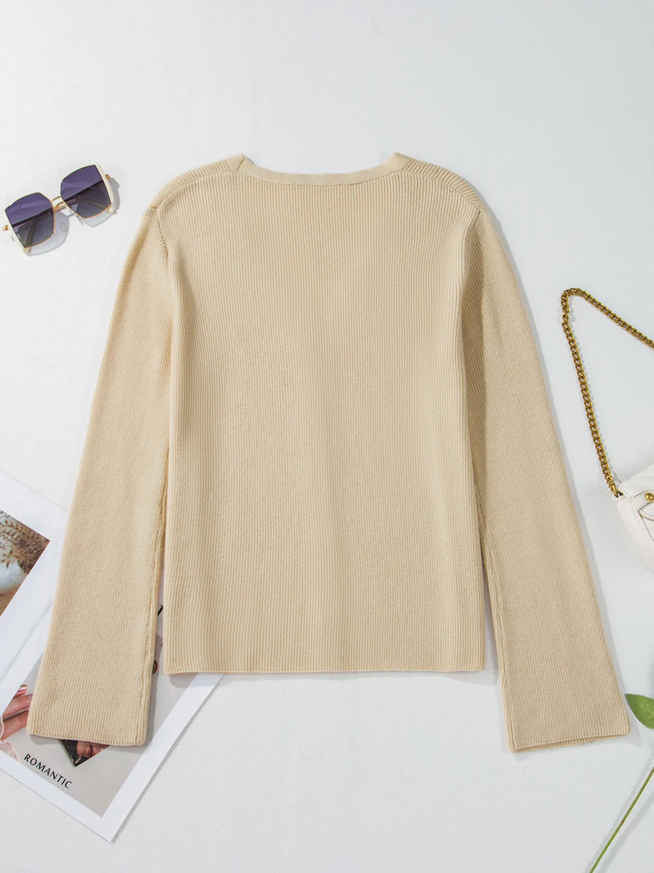 Ribbed Knit Button Front V Neck Cardigan - Image 33