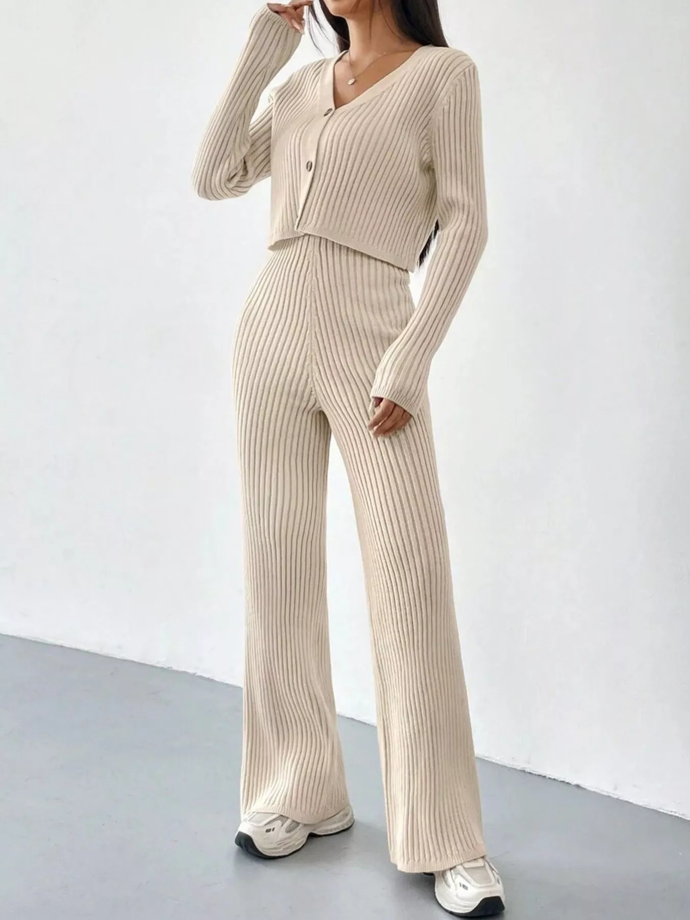 Ribbed Knit Button Up Top and Pants Set - Image 5
