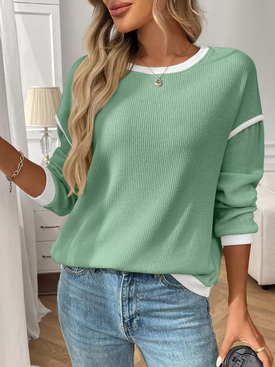 Ribbed Knit Contrast Trim Sweater - Image 28