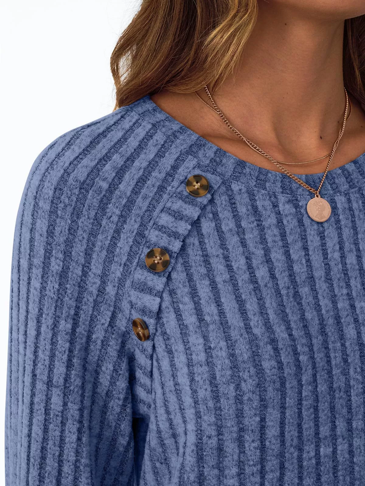 Ribbed Knit Decor Button Long Sleeve T-Shirt - Image 20