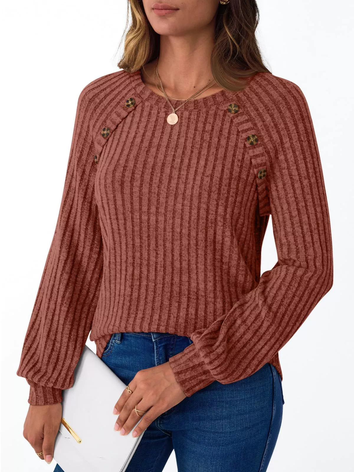 Ribbed Knit Decor Button Long Sleeve T-Shirt - Image 23