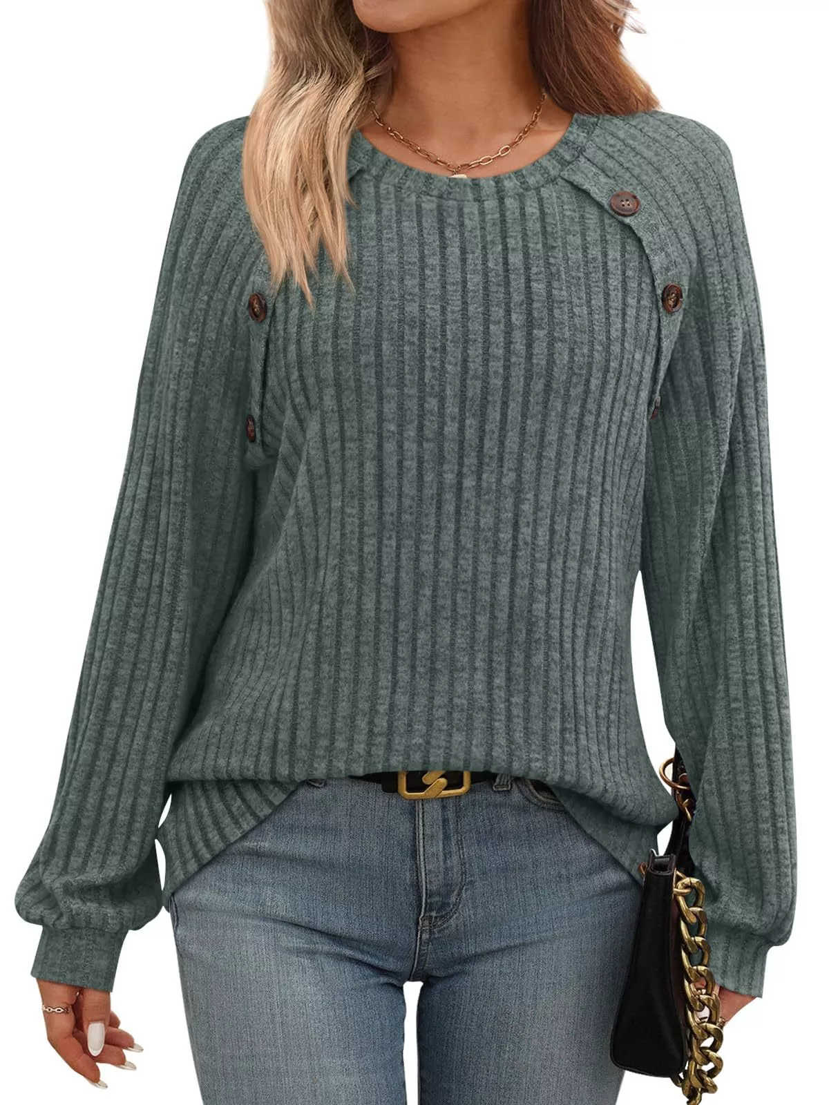 Ribbed Knit Decor Button Long Sleeve T-Shirt - Image 5
